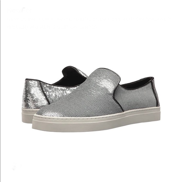 EUC Diane Von Furstenberg Budapest Slip-On Sneaker Silver Sequin Designer Shoes - Picture 1 of 13